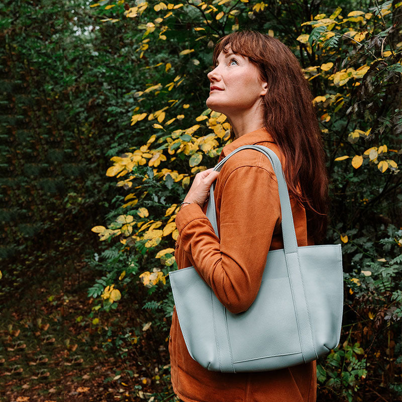 Keecie Family Tree leather tote bag in dusty green